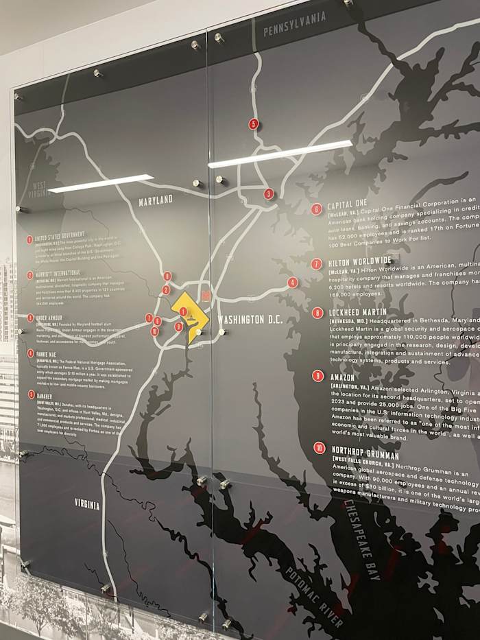 a map of the DC area with pinpoints for major companies
